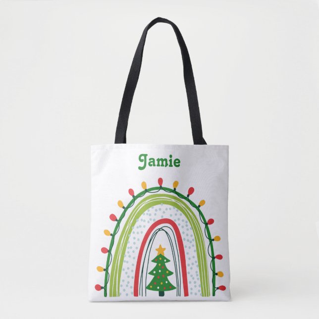 Personalised Christmas Rainbow Red and Green Tote Bag (Front)