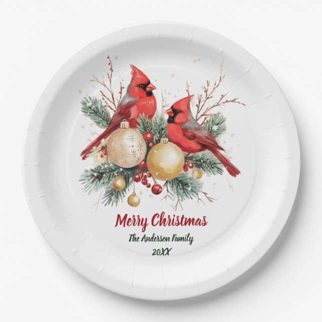 Personalised Christmas Red Cardinal & Berries      Paper Plate (Front)