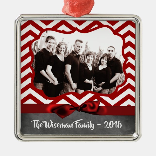 Personalised Christmas Red Chevron PHOTO Ornament (Front)