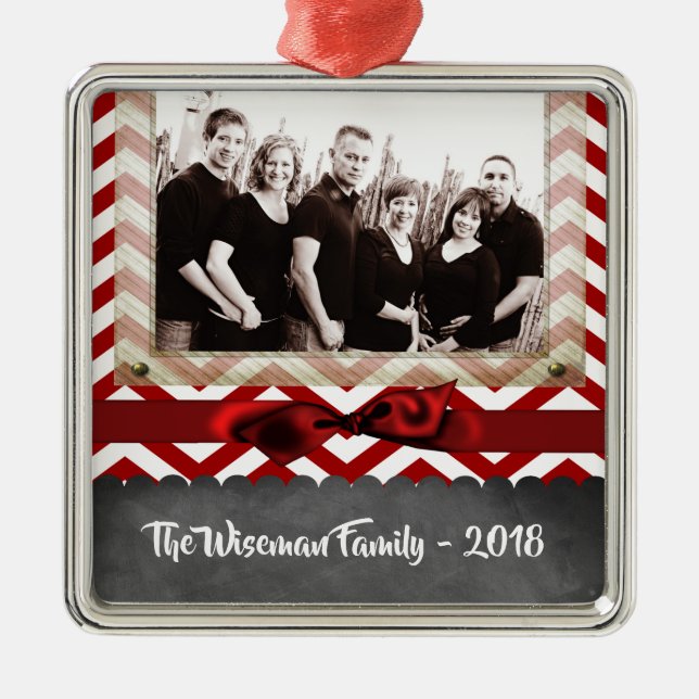 Personalised Christmas Red Chevron PHOTO Ornament (Front)