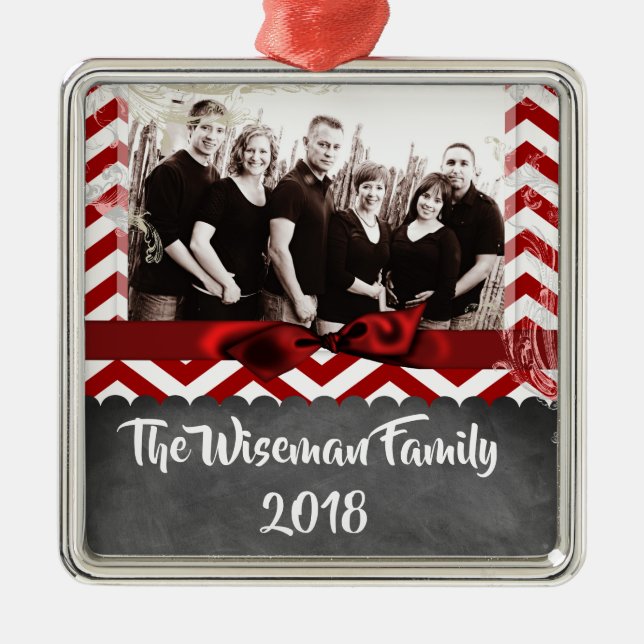 Personalised Christmas Red Chevron PHOTO Ornament (Front)
