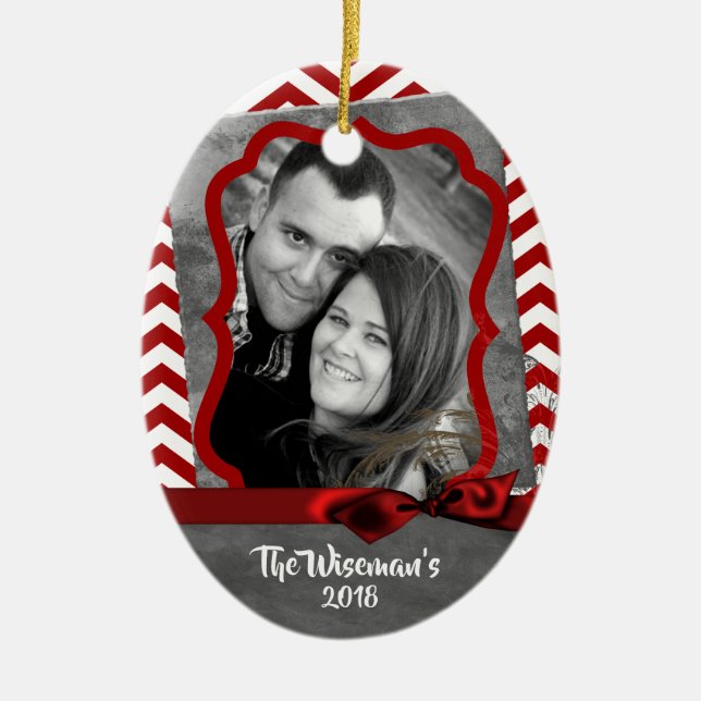 Personalised Christmas Red Chevron PHOTO Ornament (Front)