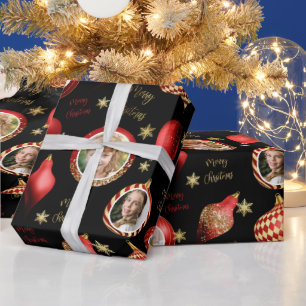 Personalised Christmas Red Gold Photo Ornament Wrapping Paper