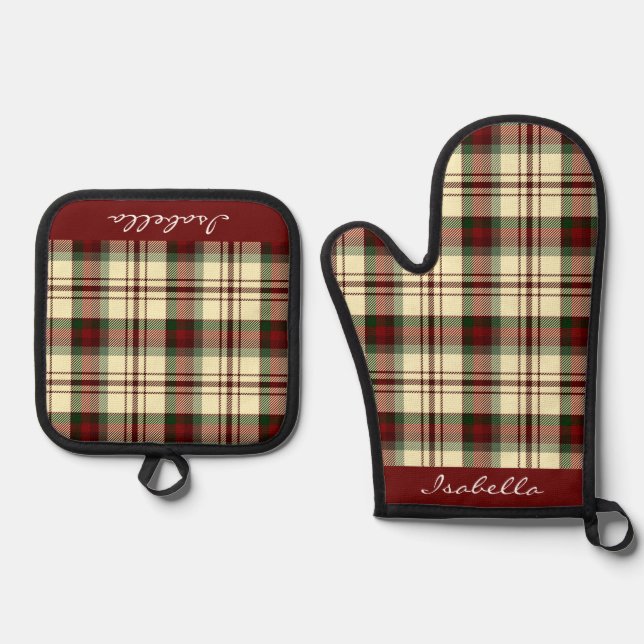 Personalised Christmas Red Green plaid Pattern Oven Mitt & Pot Holder Set (Front)