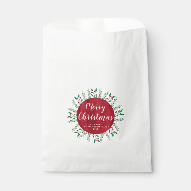 Personalised Christmas Red Watercolor Floral Favour Bags (Front)