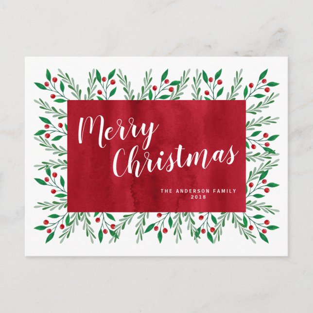 Personalised Christmas Red Watercolor Floral Holiday Postcard (Front)
