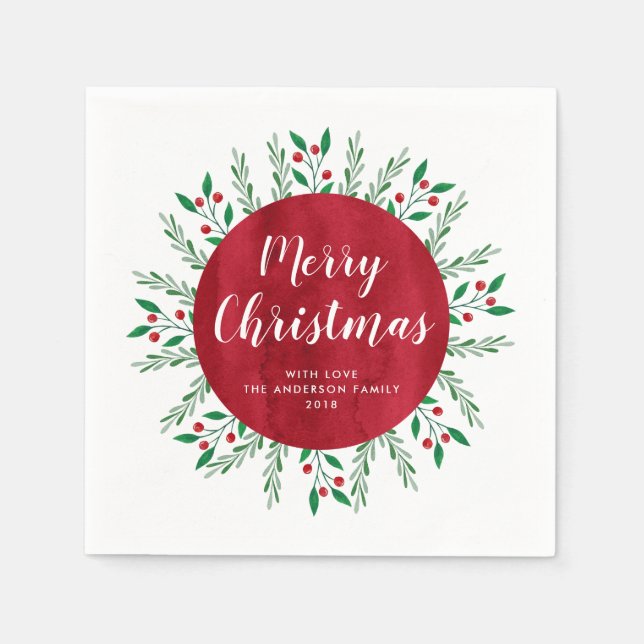 Personalised Christmas Red Watercolor Floral Napkin (Front)
