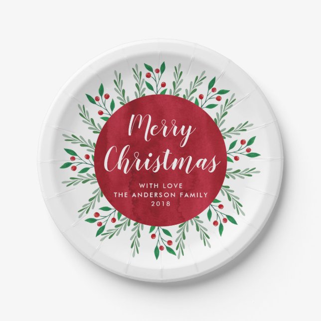 Personalised Christmas Red Watercolor Floral Paper Plate (Front)