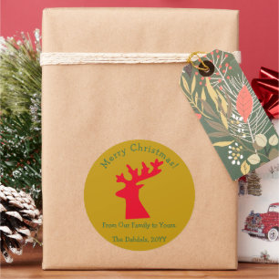 Personalised Christmas Reindeer Head Red and Gold Classic Round Sticker