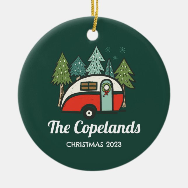 Personalised Christmas Retro Camper Ceramic Tree Decoration (Front)