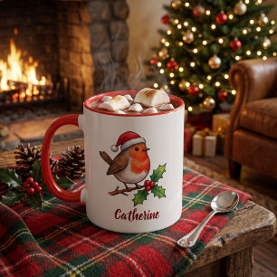 Personalised Christmas Robin with Santa Hat Mug