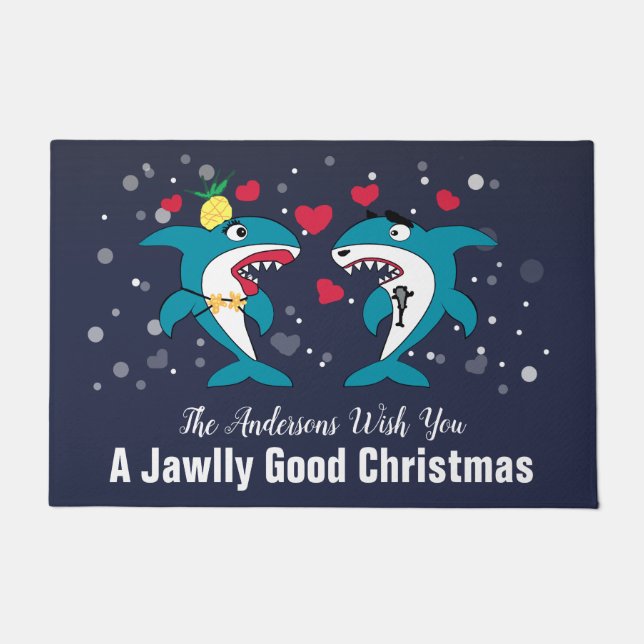 Personalised Christmas Sharks Funny Family Doormat (Front)