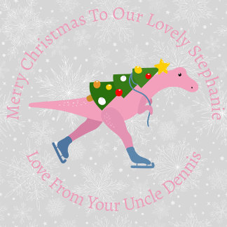 Personalised Christmas Skating Pink Dinosaur Wrapping Paper