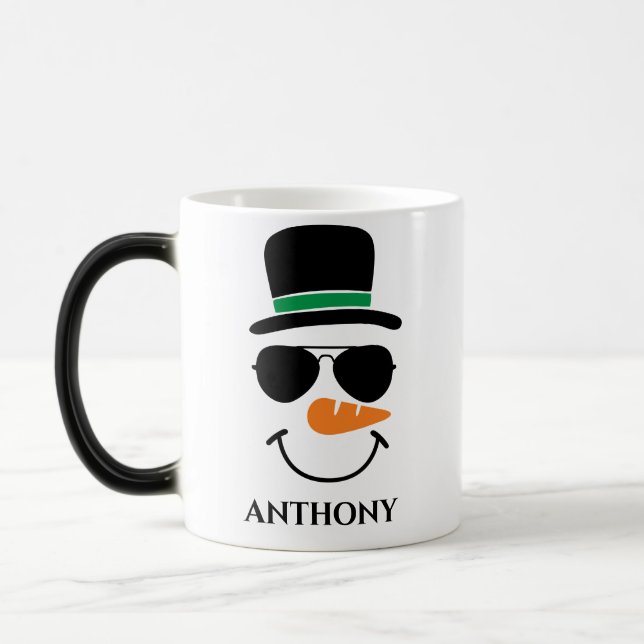 Personalised christmas snowman with custom name magic mug (Left)
