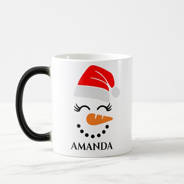 Personalised christmas snowman with custom name magic mug (Left)