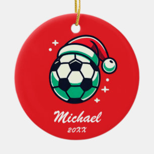 Personalised Christmas Soccer Ball with Santa Hat  Ceramic Tree Decoration