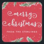 Personalised Christmas Stickers Red | Glitter Look<br><div class="desc">Personalised "Merry Christmas" Stickers with glittery snow on pine branches and a festive red background. Customise with your own family name. Perfect for gift wrapping decoration, envelope seals for Christmas cards, or favour decorations at a Christmas party. [Note - elements of this design will print to look like glitter, but...</div>