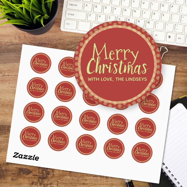 Personalised Christmas Stickers, Snowflakes Red Classic Round Sticker (Merry Christmas red custom text stickers)