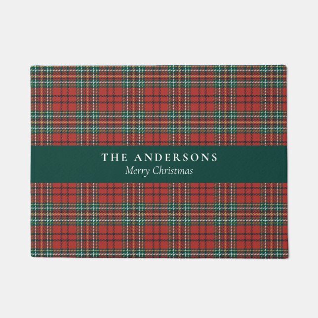 Personalised Christmas Tartan Plaid Welcome Mat  (Front)