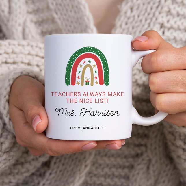 Personalised Christmas Teachers Rainbow Nice List Coffee Mug (Personalized Christmas Teachers Rainbow Nice List Coffee Mug)