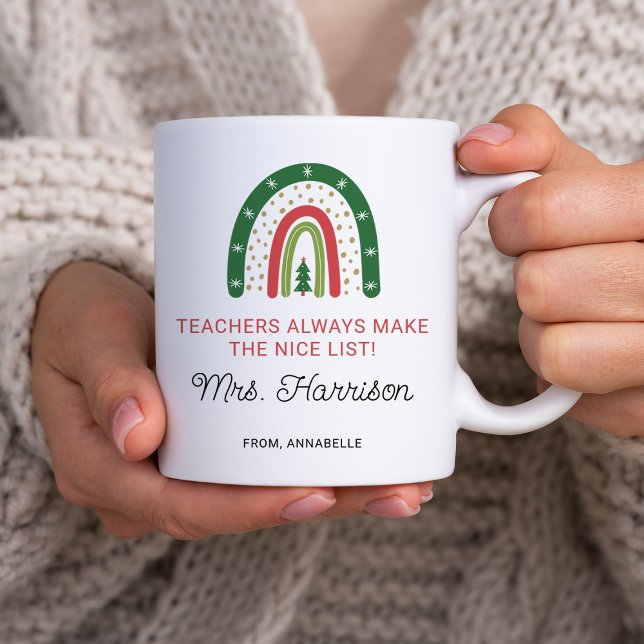 Personalised Christmas Teachers Rainbow Nice List Coffee Mug (Personalized Christmas Teachers Rainbow Nice List Coffee Mug)