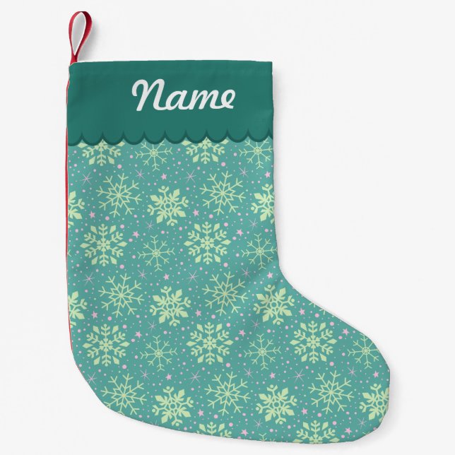 Personalised Christmas Teal Snowflake Pattern Small Christmas Stocking (Front)