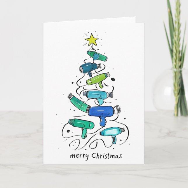 Personalised Christmas Tree Card of Hairdryers (Front)