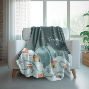 Personalised Christmas Village Winter Cars Fleece Blanket