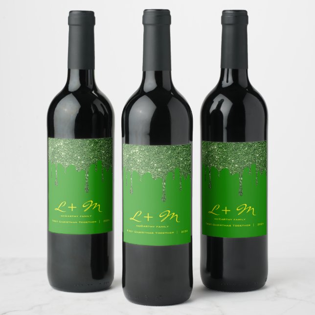 Personalised Christmas Wine Label – Green Glitter (Bottles)