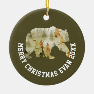 Personalised Christmas Winter Scene with Bear Ceramic Tree Decoration
