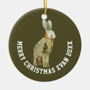 Personalised Christmas Winter Scene with Rabbit Ceramic Tree Decoration