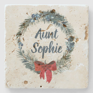 Personalised Christmas Wreath Blue Berries Stone Coaster