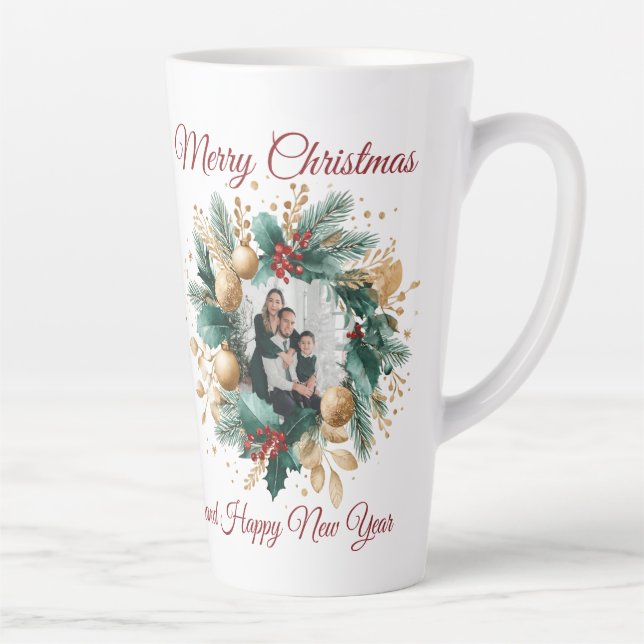 Personalised Christmas Wreath Photo Card Latte Mug (Right)