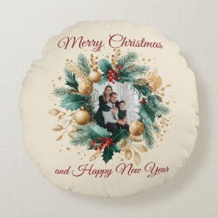 Personalised Christmas Wreath Photo Card Round Cushion