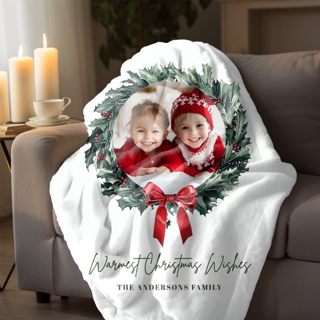 Personalised Christmas Wreath Photo & Name Holiday Sherpa Blanket (Creator Uploaded)
