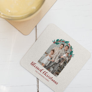 Personalised Christmas Wreath Photo Paper Coaster