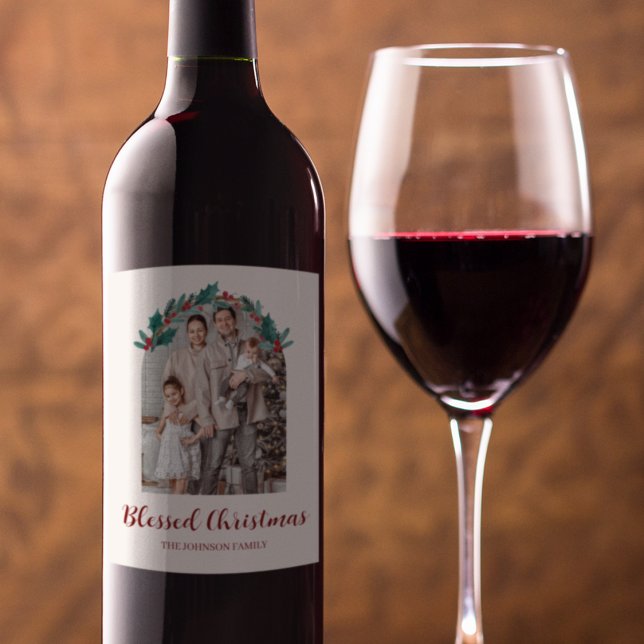 Personalised Christmas Wreath Photo Wine Label (Creator Uploaded)