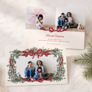 Personalised Christmas Wreath Red Bow 3 Photo Holiday Card