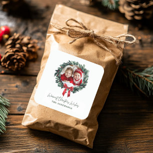 Personalised Christmas Wreath with Photo & Name Square Sticker