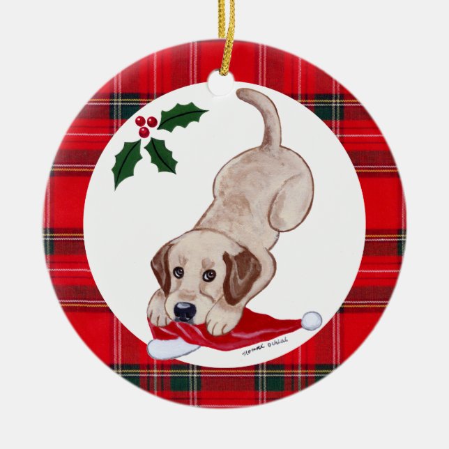 Personalised Christmas Yellow Lab Puppy Ceramic Tree Decoration (Front)