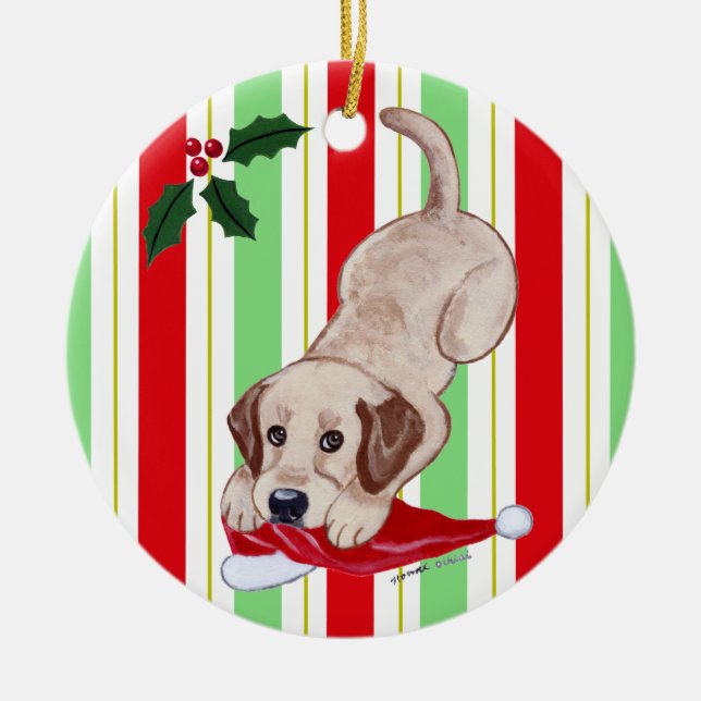 Personalised Christmas Yellowk Lab Puppy Ceramic Tree Decoration (Front)