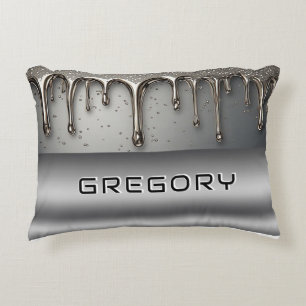 Personalised Chrome Drip Name Futuristic Silver Decorative Cushion