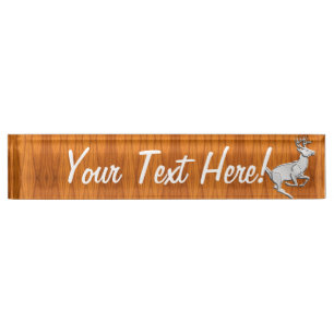 Personalised Chrome Running Deer Fine Teak Print Nameplate