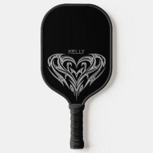 Personalised Chrome Tribal Heart on Black Pickleball Paddle