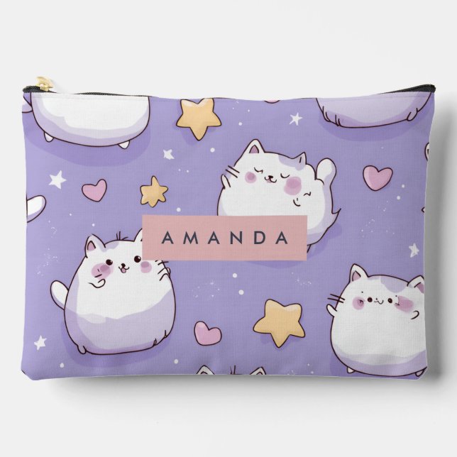 Personalised Chubby Cat & Pastel Star Pattern Accessory Pouch (Front)
