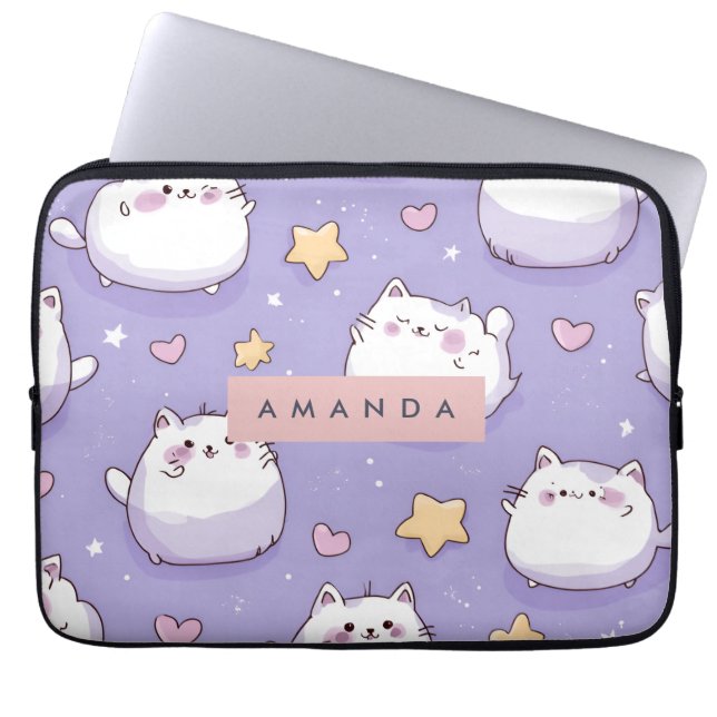 Personalised Chubby Cat & Pastel Star Pattern Laptop Sleeve (Front)
