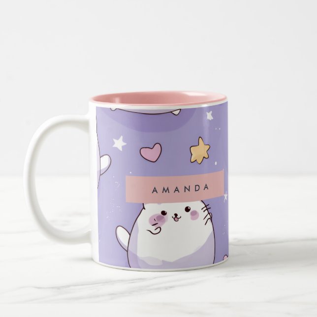 Personalised Chubby Cat & Pastel Star Pattern Two-Tone Coffee Mug (Left)