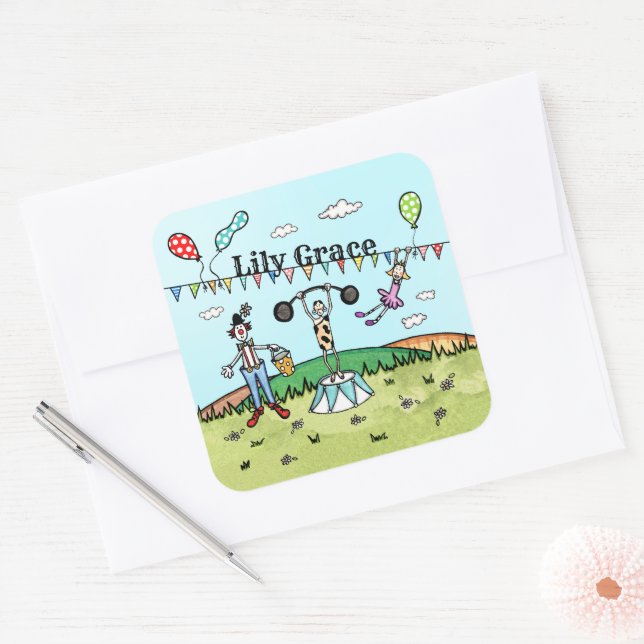 Personalised Circus Acrobat, Clown and Strongman Square Sticker (Envelope)