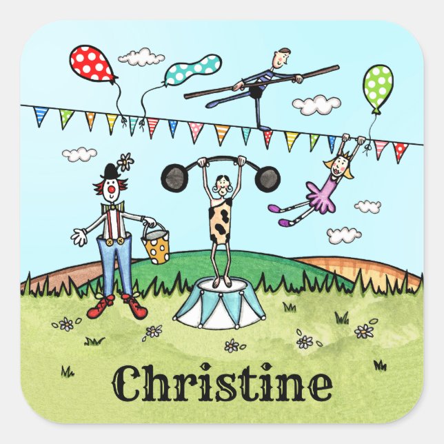 Personalised Circus Acrobat, Clown and Strongman Square Sticker (Front)