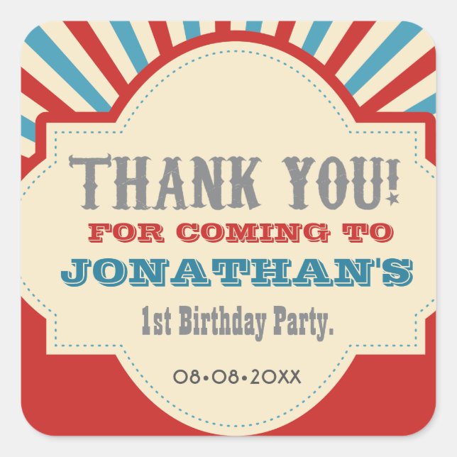 Personalised Circus carnival 1st birthday party Square Sticker (Front)